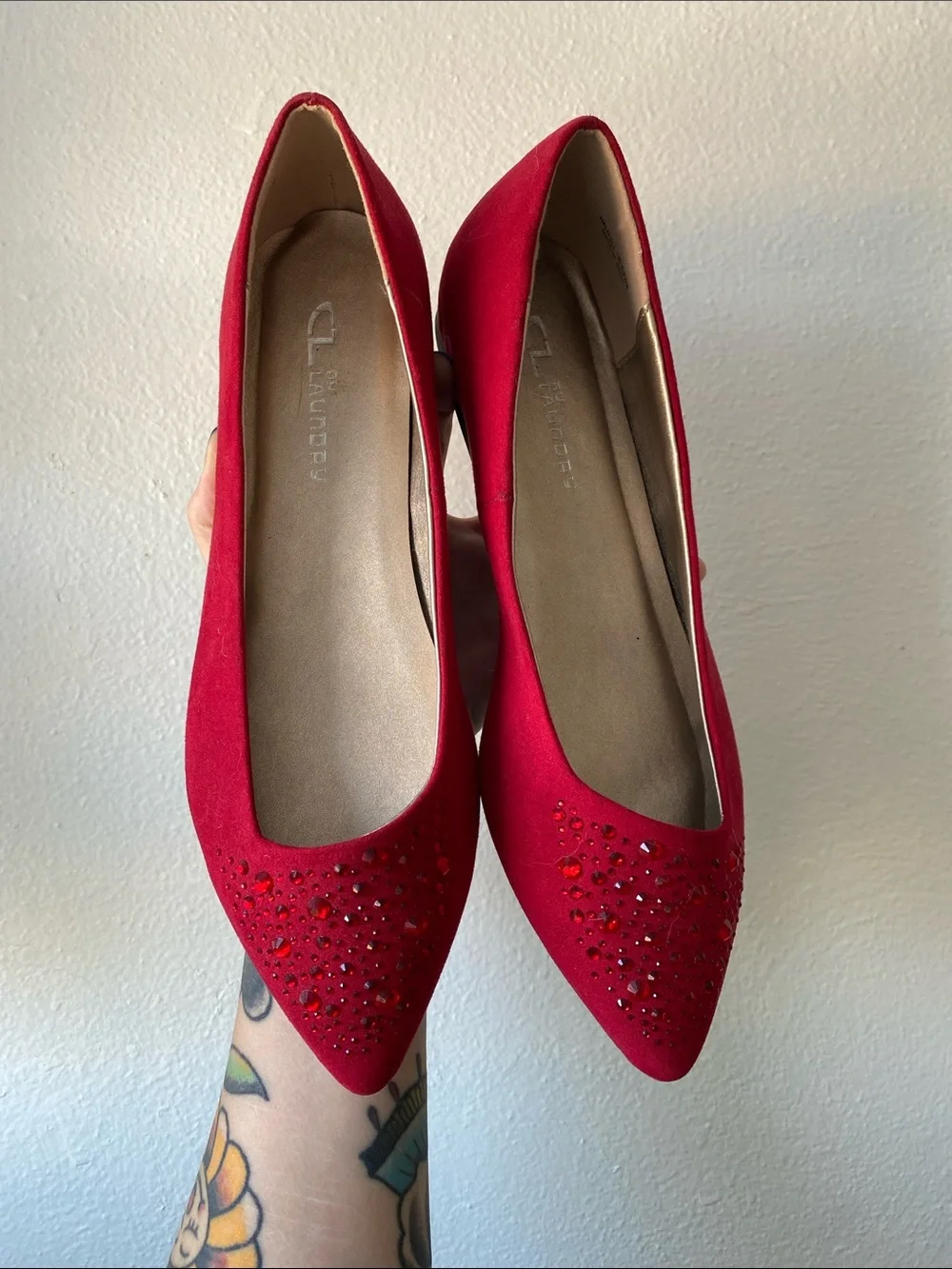 CL by Laundry Red Pointed Toe Crystal-Embellished Flats